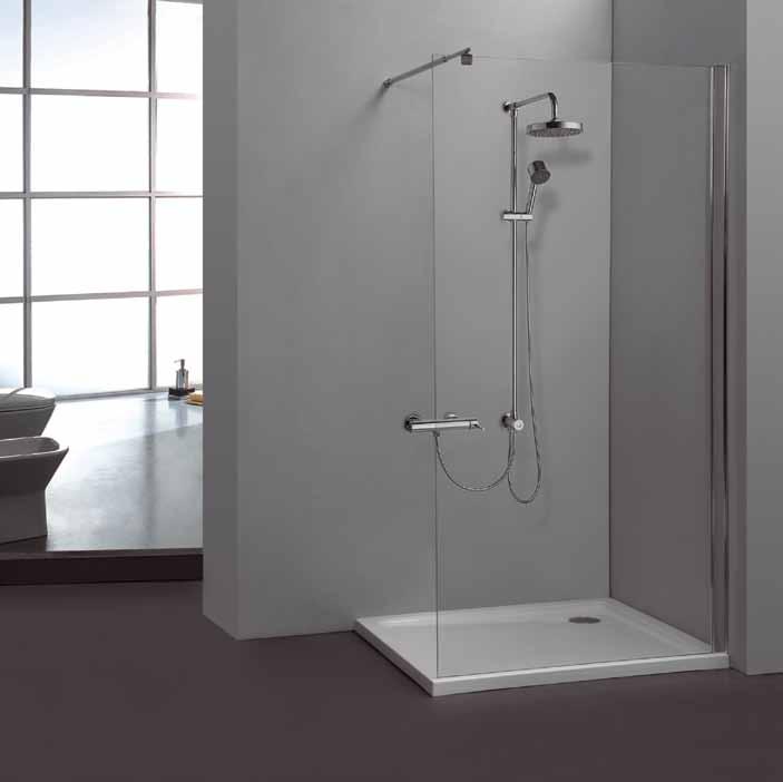 FREE 1 Paroi de douche fixe verre transparent épaisseur 6 mm tempéré (verre de sécurité). Option barre de renfort: courte ou longue.