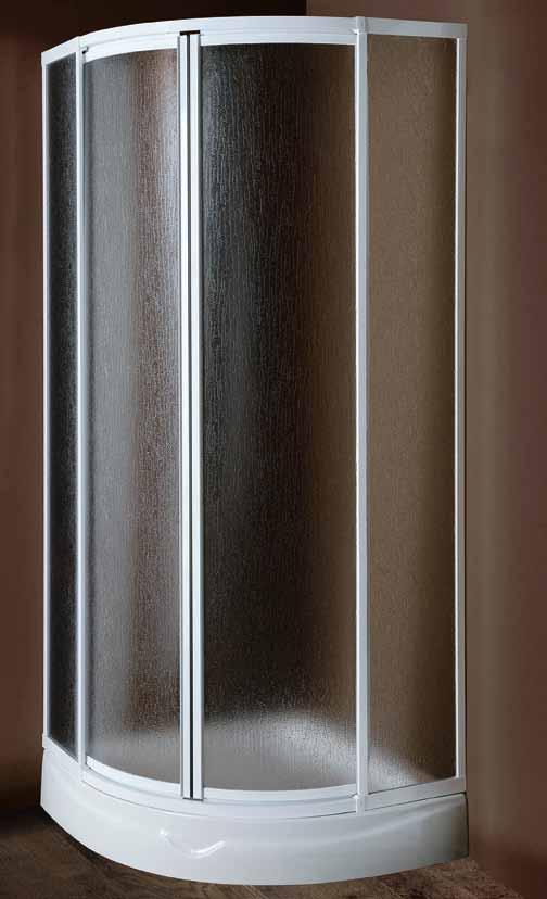 Μ8 ACRYLIQUE / ACRYL Cabine de douche ¼ cercle, accès angle avec deux portes coulissantes et deux panneaux fixes. Vitrage: Acrylique 3 mm. Profilé blanc. Extensibilité 2cm. Fermeture magnétique.