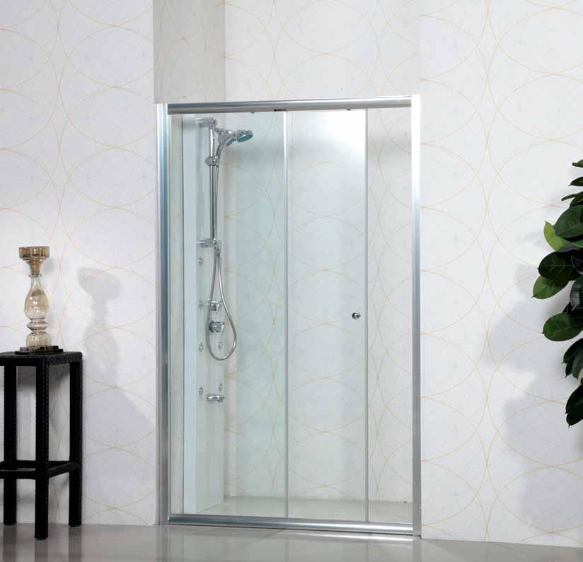 TREND 400 Paroi de douche, de mur en mur, avec un panneau coulissant-un panneau fixe. Verre transparent ou dépolit épaisseur 5 mm tempéré (verre de sécurité). Profile aluminium chromé.