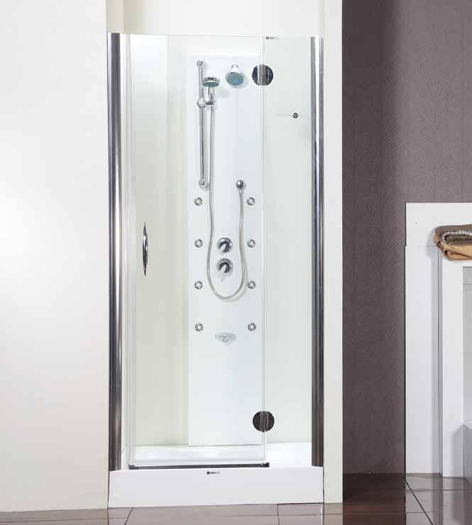 ON 400 Paroi de douche, de mur en mur, avec porte pivotante à charnières et un panneau fixe. Verre 6 mm tempéré (verre de sécurité). Profile aluminium chromé.