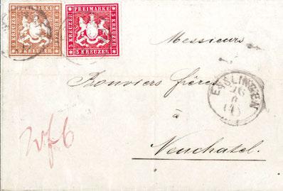Federkreuz, oben privater Postablage-L1 ENTRINGEN und Nachtaxe "3". Ein interessanter und seltener Brief, sign. Thoma BPP. 31a 6 170,- 4441 3 Kr.