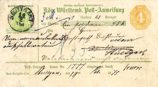 ALTDEUTSCHLAND WÜRTTEMBERG 361 4549 1 Kr. (unauffällige Mgl.), Zusatzfrankatur auf Postanweisungs-Umschlag 4 Kr. gelb (Beförd.-Spuren) mit K1 STUTTGART 19/2 (1875) über 1,45 Gulden nach Waiblingen.