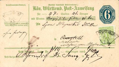 Quittierungs-Vermerk vom 26.11.1875. Gebrauchte Postanweisungs-Umschläge von Württemberg sind sehr selten, mit Zusatzfrankatur sind bisher erst fünf Stück bekannt.