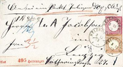 DEUTSCHES REICH 397 5128 1 Gr. und 2½ Gr. rötlichbraun, Kab.-Stücke mit klarem K1 HELDRUNGEN 3/12 73 auf schönem Paketbegleitbrief nach Leipzig, Fotoattest Brugger BPP.