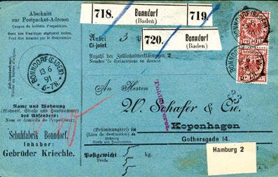 Paketkarte für drei Sendungen nach Dänemark. Klare Stempel BONNDORF (BADEN) 13/6 91. Sehr seltener, schöner Beleg, Fotobefund Wiegand BPP. 50ab(4),48b(2) 6 1.