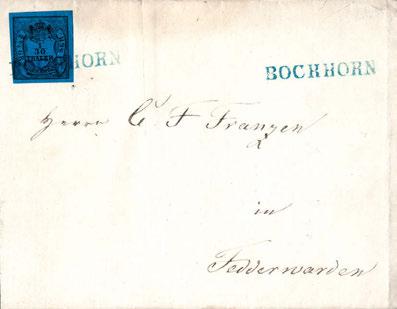 6 6 80,- 3327 BERNE, blauer L1, perfekter Abschlag nebst beigesetztem Aufgabe-R2 BERNE 26/7 (1860) auf grünblauem Kab.-Brief 1 Gr. nach Delmenhorst.