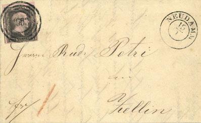 , vorzüglich geschnittenes Luxus-Oberrandstück in leuchtender Farbe auf frischem weißem Brief mit gerade aufges. Stempel "1003" NEUDAMM 15/1 (1851). 2d 6 1.