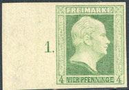 6ax(3) 4 ca.800,- 120,- 3462 4 Pfg., Neudruck 1873, tadelloses, li. Bogenrandstück mit vollst. Platten-Nr."1". Selten, sign.