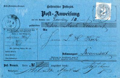 Zugstempel und Ak.-Stempel. Nur wenige frankierte Postanweisungen von Schleswig-Holstein bekannt, Fotoattest Möller BPP. 21 6 1000,- 3893 1¼ Sch., Kab.