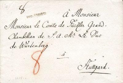 6 50,- 4118 1870, ELLWANGEN, K3 auf seltenem Feldpost-Einlieferungsschein der Fahrpost-Expedition. 6 80,- 4119 (1785), v.essling, L1 ideal auf Luxus-Umschlag nach München.