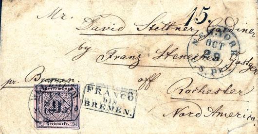 ALTDEUTSCHLAND WÜRTTEMBERG 331 4226 Teilfranko-Brief in die USA: 9 Kr., breitrandige Einzelfrankatur mit sauber aufges. Steigbügelstempel WELZHEIM 12/9 1853 auf Brief nach Rochester/N.Y.