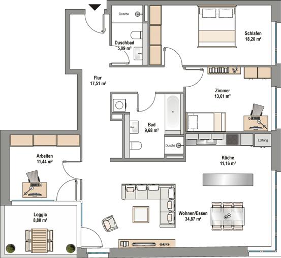 Maßstab: 1:100 1m 2 m Zum Beispiel Haus 1, Wohnung 1.1.2, 4 Zimmer, 126 m², 1.