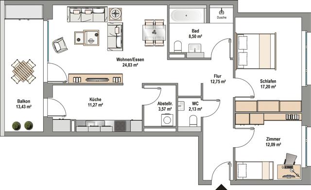 Maßstab: 1:100 1m 2 m Zum Beispiel Haus 3, Wohnung 3.1.3, 3 Zimmer, 99 m², 1.