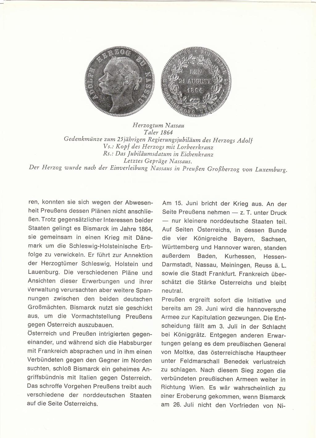 Herzogtnn Nassaw Taler 1864 Ged.enkmünze zwm 25 jährigen Regierwngsjwbiläutn des Herzogs Adolf Vs.: Kopf des Herzogs tnit Lorbeerkranz Rs.