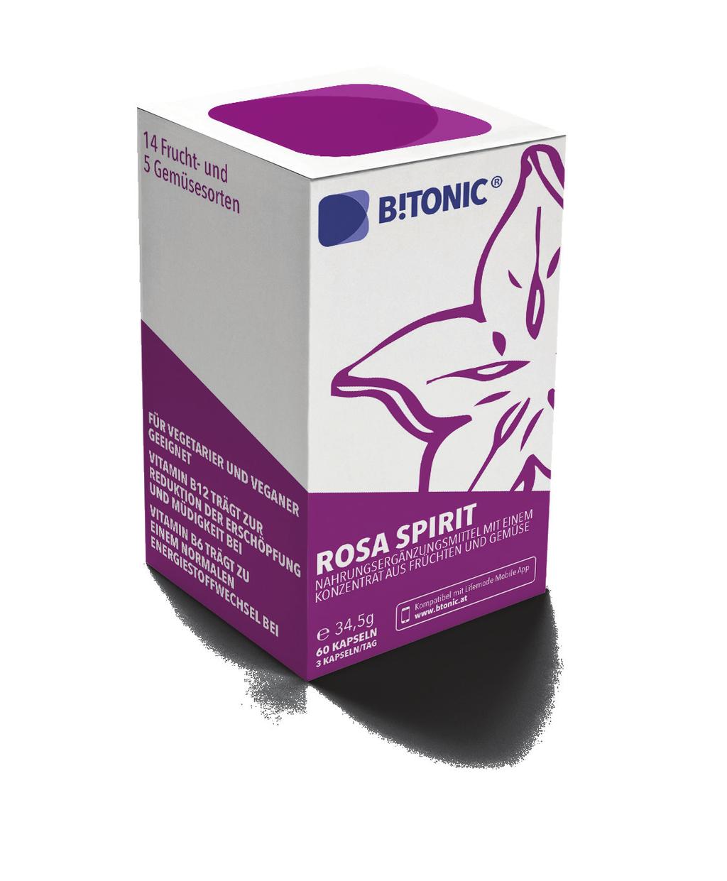 Rosa Spirit Mix aus 5 Gemüse- und 14 Früchtsorten Vitamine B Überblick Dieses Produkt enthält eine Vielzahl von Vitaminen,