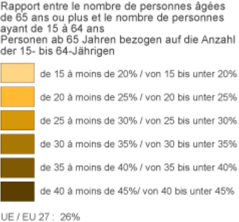 Altersquote am Oberrhein Rapport en 2010 entre le nombre de personnes âgées de 65 ans ou plus et le nombre de personnes ayant de 15 à 64 ans Personen ab 65 Jahren bezogen auf die Anzahl der 15- bis