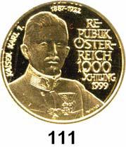Österreich - Ungarn 13 Österreich 2. Republik ab 1945 111 1000 Schilling 1999 (16 g FEIN). GOLD Schön 257. KM 3062. Kaiser Karl I. Im Originaletui mit Zertifikat.
