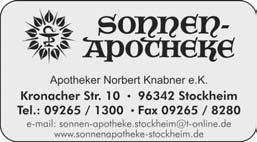 Apotheken Dienstbereitschaft im Landkreis Kronach A Bären-Apotheke, Kronach, Tel. 09261 4424 März 2014 Markt-Apotheke, Ludwigsstadt, Tel. 09263 9536 B Sonnen-Apotheke, Stockheim, Tel. 09265 1300 Mi.