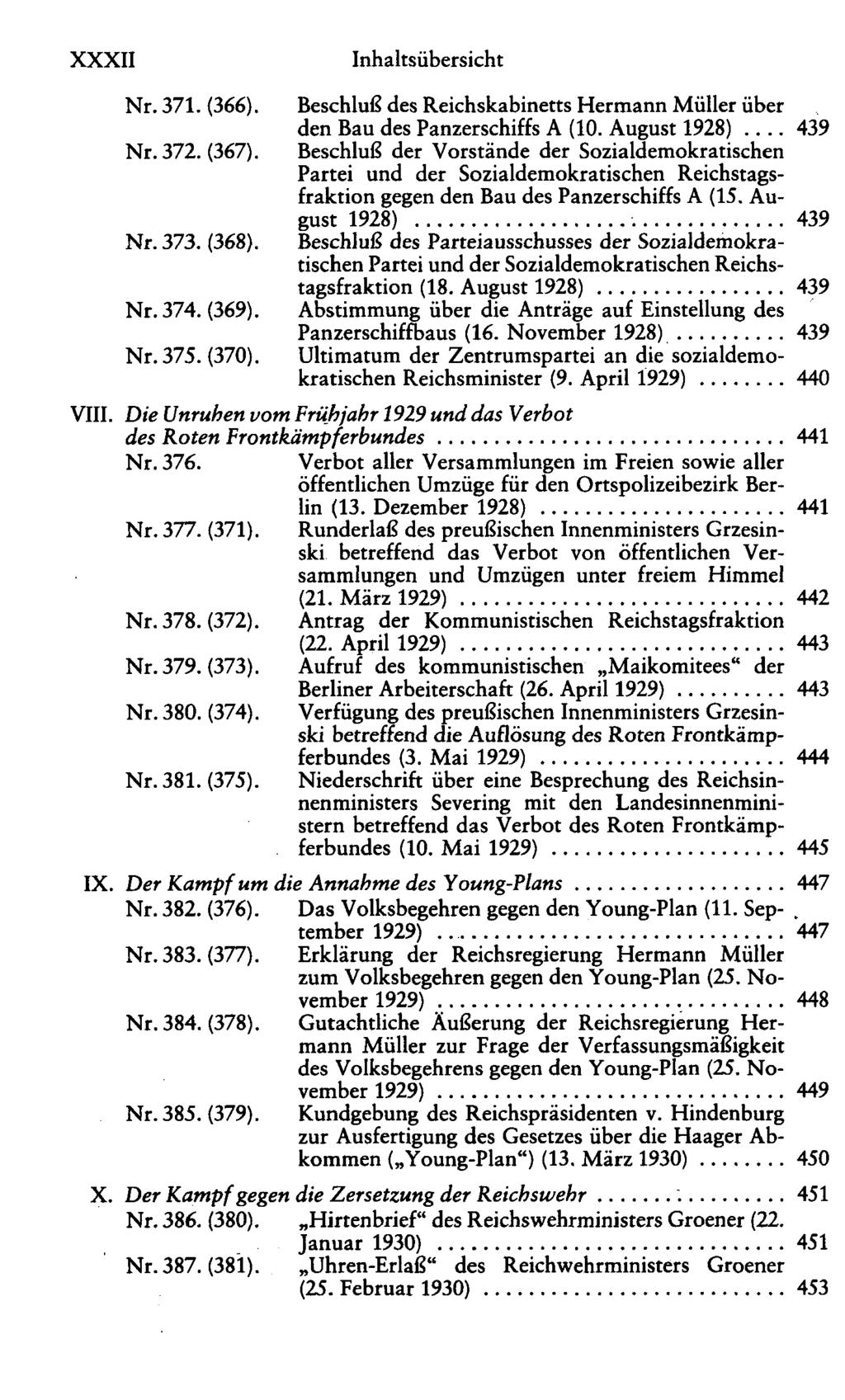 XXXII Nr. 371. (366). Nr. 372. (367). Nr. 373. (368). Nr. 374. (369). Nr. 375. (370). Beschluß des Reichskabinetts Hermann Müller über den Bau des Panzerschiffs A (10.