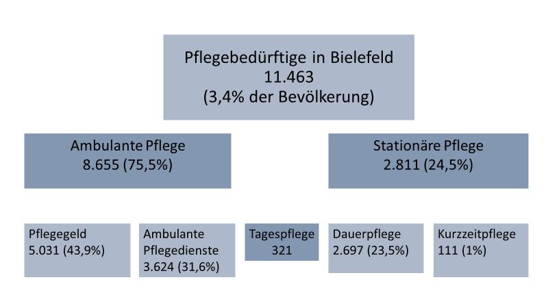 Abb.1: Pflegebedürftige und ihre Versorgung zum 31.12.2015, eigene Berechnung nach Angaben der Pflegestatistik IT. NRW Die Zahl der Pflegebedürftigen hat zwischen 2013 und 2015 um 1.