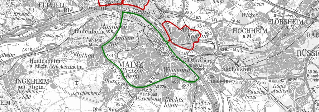 Straßen in Wiesbaden mit relativ hohen Konzentrationen an Stickstoffdioxid belastet. Nicht untersucht wurden die östlichen Vororte mit Ausnahme von Erbenheim.