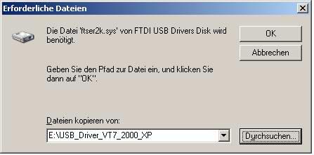 Normalement, le système demande le fichier FTSER2K.SYS. Il faut specifier le même classeur, dans lequel se trouve le driver. Finalement, yous confirmez avec OK.