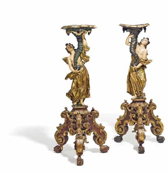 620 1566 1569 PAAR BAROCK TORCHEREN MIT ENGELN. PAIR OF CARVED, PAINTED AND PARCEL-GILT BAROQUE TORCHERES WITH ANGELS. Deutschland. 1. Hälfte 18.Jh.