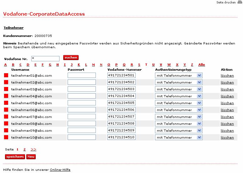 Herzlich Willkommen bei der Online Administrierung für Vodafone-CorporateDataAccess Hier können Sie: Teilnehmer verwalten IP Adressen einzelnen Teilnehmern zuweisen I.