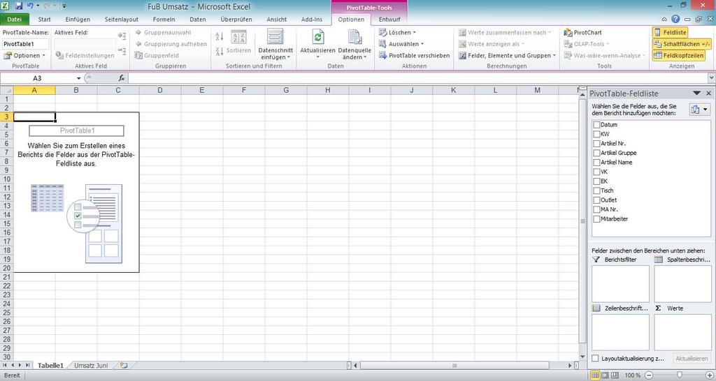 Überprüfen Sie den Bereich, den Excel Ihnen vorschlägt. Er sollte alle Daten inklusive der Spaltenüberschriften (Datum, KW, Artikel Nr., ) enthalten.