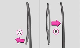 Drücken Sie die Sicherungsfeder in Pfeilrichtung A und drücken Sie gleichzeitig das Wischerblatt zur Scheibe in Pfeilrichtung AB.