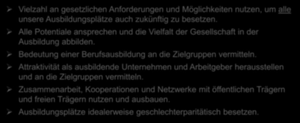 Duale Berufsausbildung Chancen aus Anforderungen Vielzahl an gesetzlichen Anforderungen und Möglichkeiten nutzen, um alle unsere Ausbildungsplätze auch zukünftig zu besetzen.