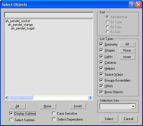 9. Keyframe-Animationen Abbildung 9.4.: Beispiel für die Anzeige der Objekthierarchie in der Liste Select by Name. Die Anzeige-Option Display Subtree muss aktiviert sein.