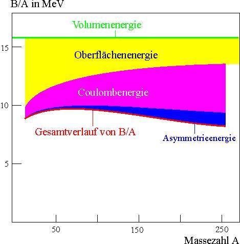 Abbildung 2: Anteile der Bindungsenergieterme in Abhängigkeit von A. Das Schalenmodell des Atomkerns wurde 1949 von Goeppert-Mayer und Jensen in Analogie zum Schalenmodell der Atomhülle vorgeschlagen.