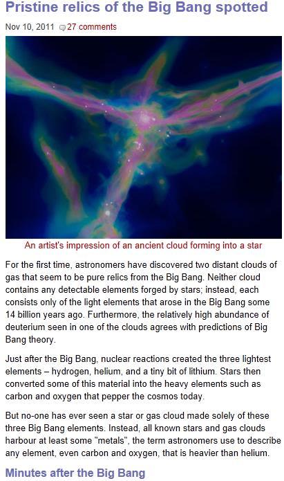 Kerne pro Wasserstoff Masse Primordiale Nukleosynthese Baryonendichte 2 Ly-a-Wolken ohne Metalle! Leo-Wolke (z = 3.