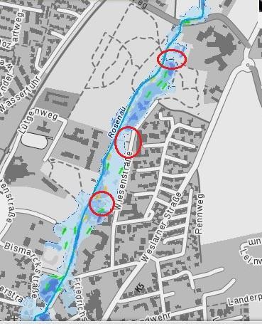 Bei Hochwasser kritisch: 1. Norddeich Kurparkteich als Abflusshindernis 2.