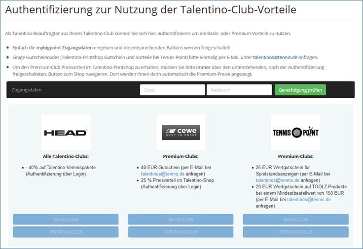 Der Talentino-Shop Authentifizierung für Premium- Clubs unter VORTEILE 1.