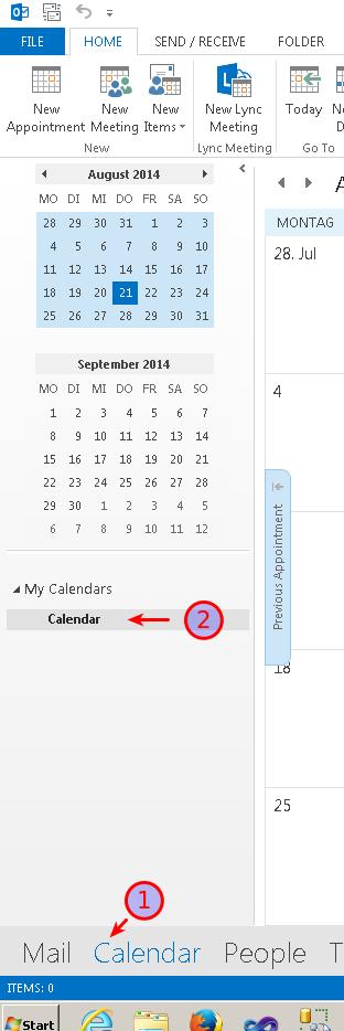 3.2. Outlook 2013 a) Öffnen Sie Outlook 2013 und wechseln Sie auf Kalendar zuunterst