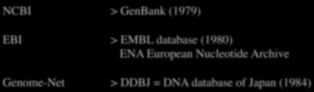 Sequenz-Datenbanken NCBI > GenBank (1979) EBI > EMBL database (1980) ENA European Nucleotide Archive Genome-Net > DDBJ = DNA database of