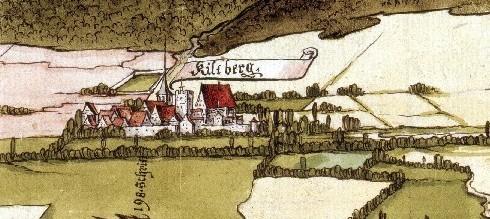 Ein Aquarell von 1632 bestätigt die Lage der Höfe und Häuser östlich und südlich des Schlosses, hinter dessen älterem Teil, dem "Alten Schloss", der Kirchturm emporragt.
