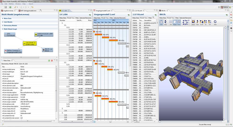 2 Multimodell und Multimodellcontainer 43 Abb. 2.2 Bildschirmfoto der M2A2 Multimodell Filter- und Analyse Plattform der TU Dresden. Geöffnetes Multimodell (o. l.), Metadaten des Bauwerksmodells (u.