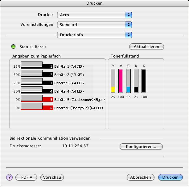 DRUCKEN UNTER MAC OS X 26 6 Klicken Sie auf Aktualisieren, um den Kopiererstatus auf der Seite Druckerinfo zu aktualisieren.