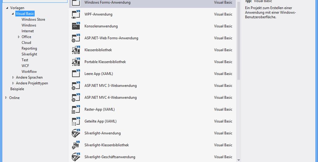 Die Entwicklungsumgebung Visual Studio 2012 3 Ein neues Projekt (Windows-Anwendung) erstellen Mit Visual Studio 2012 können Sie bestimmen, für welches.net Framework Sie ein Projekt erstellen.