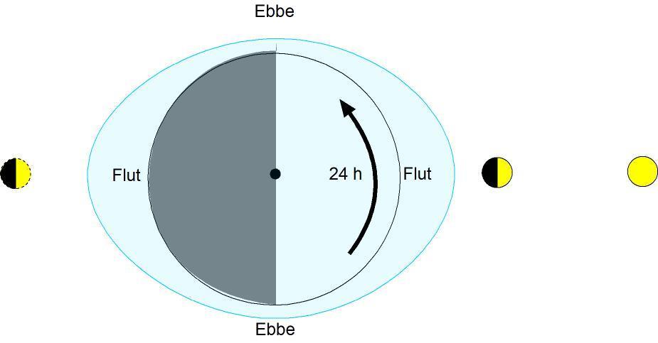 Ihre Scheitel liegen dann zwischen Mond und Sonne (Mehr zum gezeitenwirksameren Mond gerichtet). Die Erde dreht sich in etwas mehr als einem Tag unter den beiden Flutbergen hindurch.