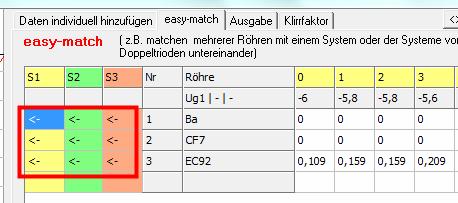 Kennlinie von System 1 und System 2 kopiert Aus der easy-match Tabelle mit Klick auf <- (für System 1, 2 oder 3) Die Daten müssen vorher
