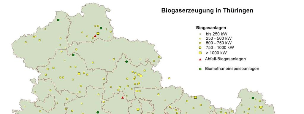 Stand der Biogaserzeugung in Thüringen (Stand 1.1.2015) 0,23 kw /ha AF bzw.