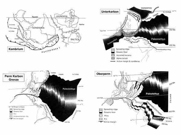 Alpine Trias: Meliata-Ozean Paläogeographische Rekonstruktionen im Paläozoikum (verändert nach