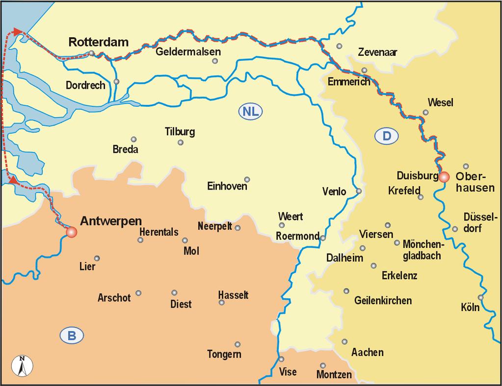 Abb. 3: Lage von Antwerpen im Wasserstraßennetz zwischen der Nordsee und dem Ruhrgebiet Dies nicht zuletzt, da die speziell auf Ost- und Südost-Europa ausgerichteten Güterströme von Antwerpen