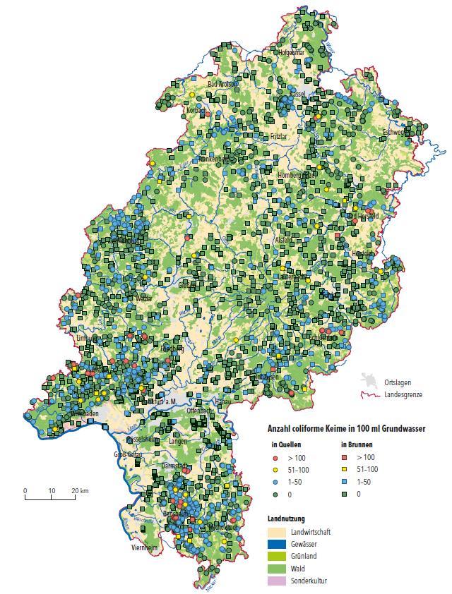 Anzahl coliformer Keime in 100 ml Grundwasser Quellen/Stollen: Insgesamt 1052 Proben 609 Proben < BG 443 Proben > BG 58% aller Proben unauffällig Brunnen: Insgesamt 1878 Proben 1675 Proben < BG 203