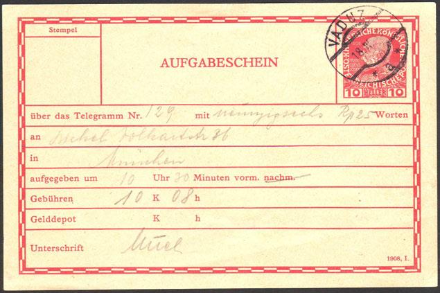VADUZ; Aufgabescheine in solcher Prachterhaltung sind sehr selten, Fotoattest Marxer 1.500,00 276 P 63 Bf 5.9.1919, Brief aus der Schweiz v.
