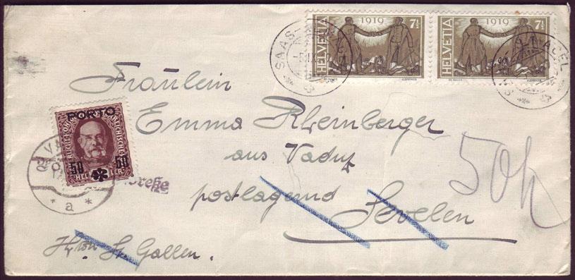 Rheinberger aus Vaduz, postlagernd Sevelen gestrichen und auf dem Postweg umgeleitet nach Vaduz, handschriftlicher Taxvermerk "50 H.